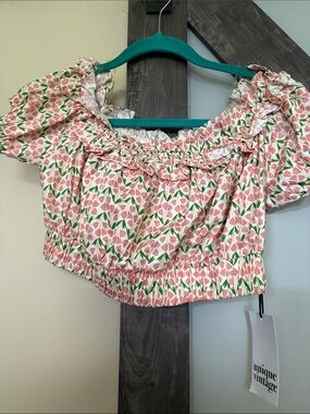 Unique Vintage Pink & Green Floral Off-Shoulder Crop Top
